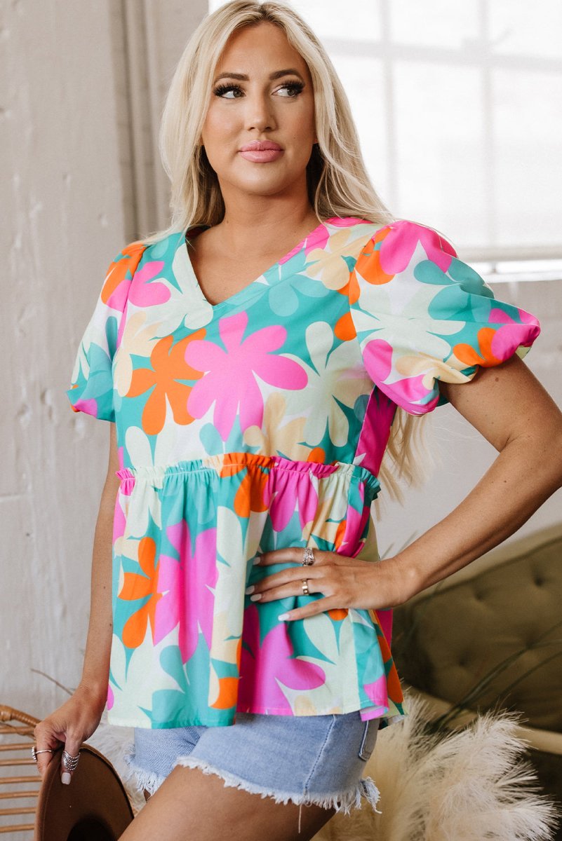 Pink Floral Print Bubble Sleeve V Neck Peplum Blouse for Women - Love Salve 