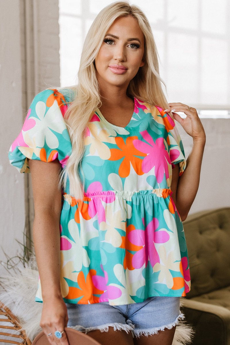 Pink Floral Print Bubble Sleeve V Neck Peplum Blouse for Women - Love Salve 