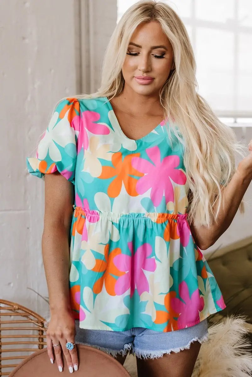 Pink Floral Print Bubble Sleeve V Neck Peplum Blouse for Women - Love Salve 