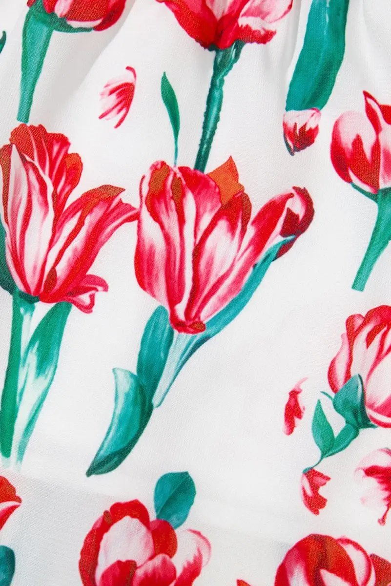 Pink Floral Print Contrast Trim V Neck Bubble Short Sleeve Babydoll Dress - Love Salve 