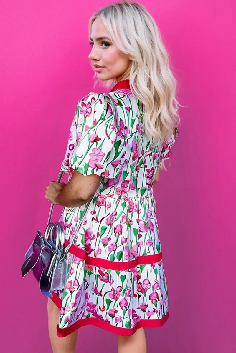 Pink Floral Print Contrast Trim V Neck Bubble Short Sleeve Babydoll Dress - Love Salve 