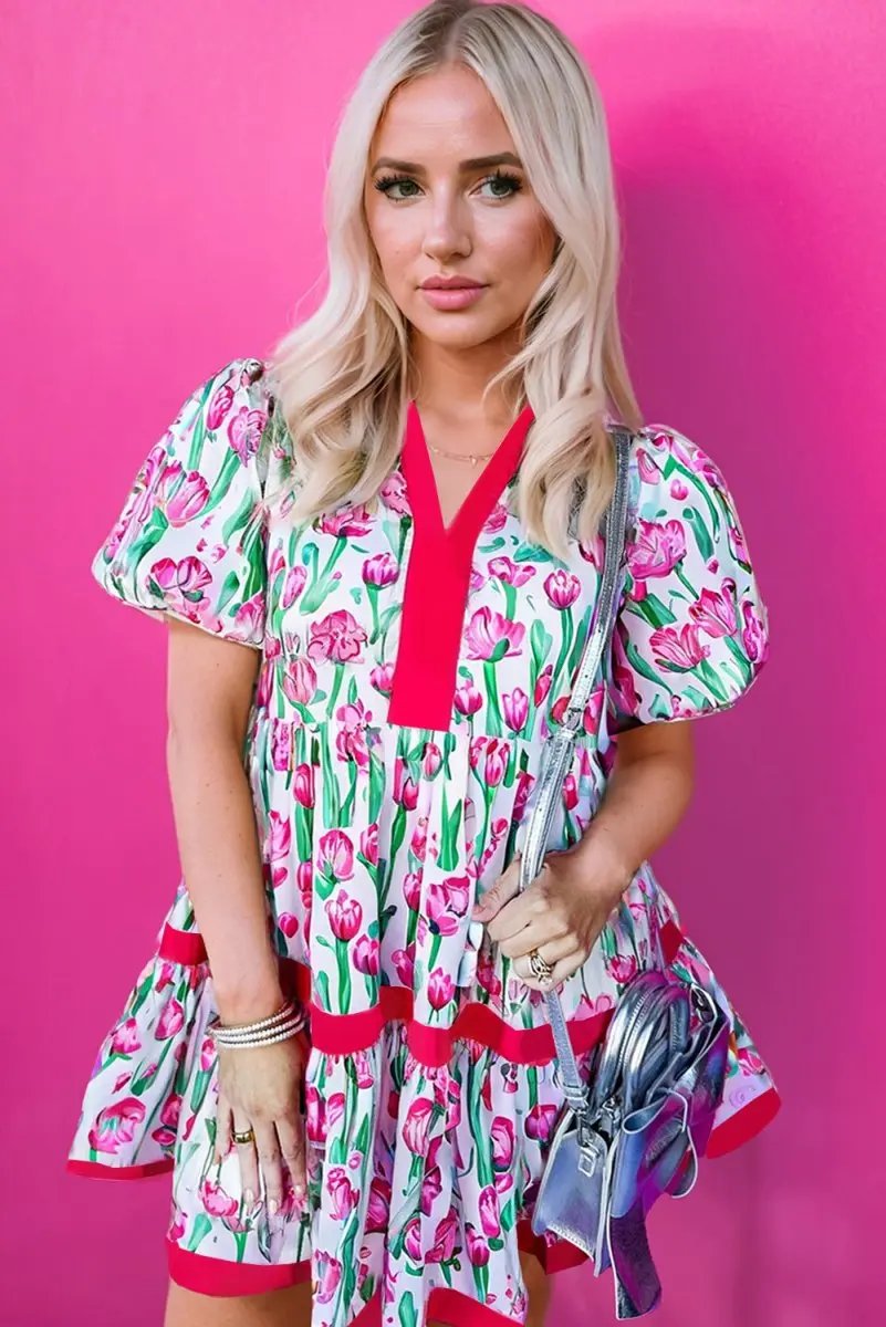 Pink Floral Print Contrast Trim V Neck Bubble Short Sleeve Babydoll Dress - Love Salve 