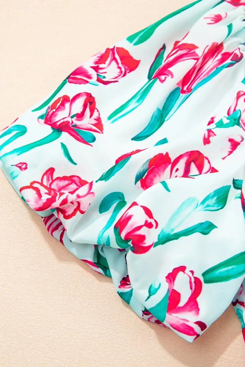 Pink Floral Print Contrast Trim V Neck Bubble Short Sleeve Babydoll Dress - Love Salve 