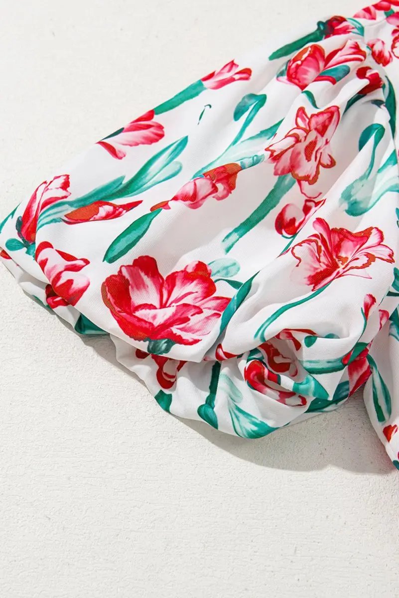 Pink Floral Print Contrast Trim V Neck Bubble Short Sleeve Babydoll Dress - Love Salve 