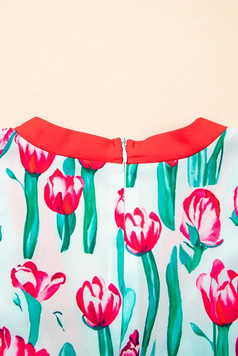 Pink Floral Print Contrast Trim V Neck Bubble Short Sleeve Babydoll Dress - Love Salve 