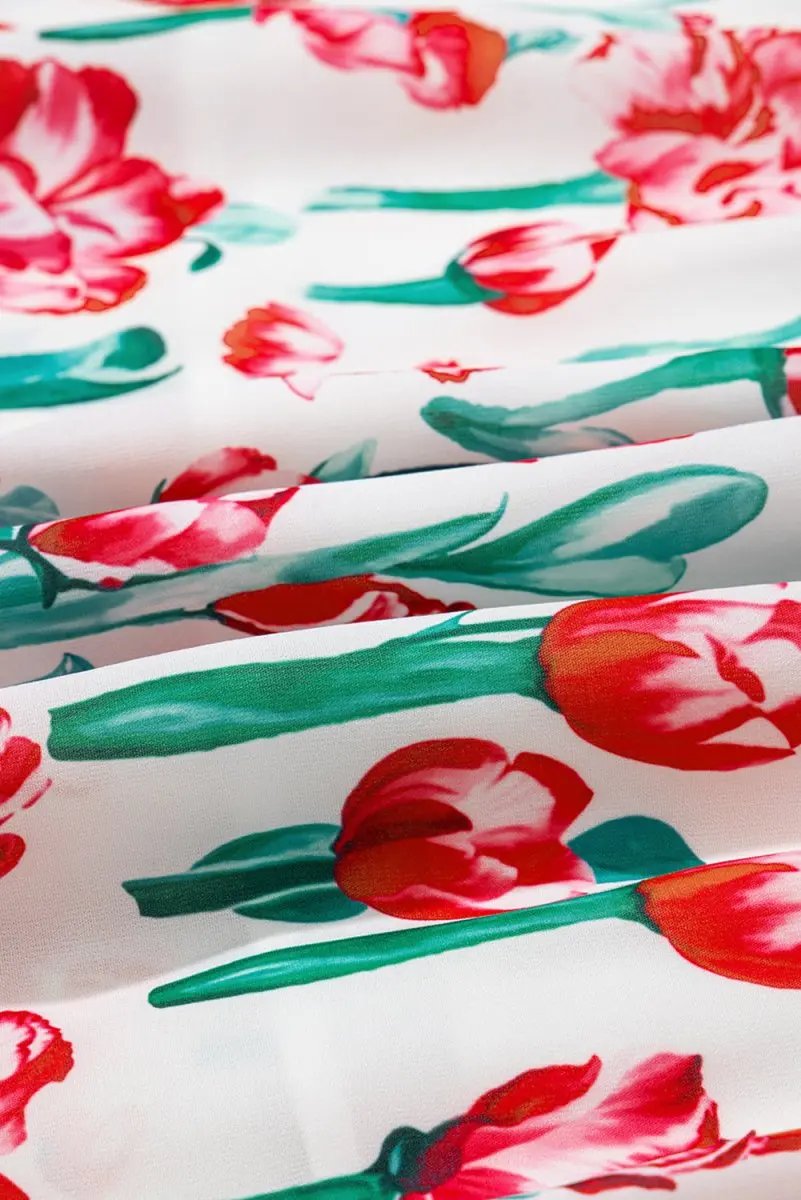 Pink Floral Print Contrast Trim V Neck Bubble Short Sleeve Babydoll Dress - Love Salve 