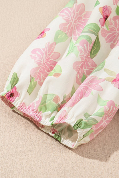 Pink Floral Print Drawstring V Neck Peplum Blouse for Women - Love Salve 