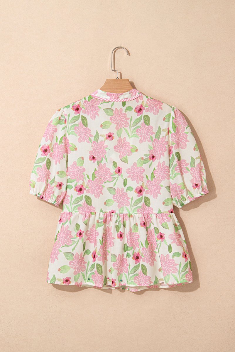 Pink Floral Print Drawstring V Neck Peplum Blouse for Women - Love Salve 