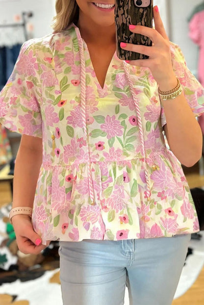 Pink Floral Print Drawstring V Neck Peplum Blouse for Women - Love Salve 