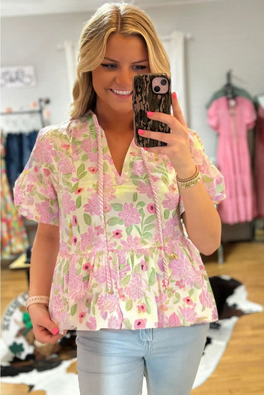 Pink Floral Print Drawstring V Neck Peplum Blouse for Women - Love Salve 