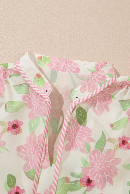 Pink Floral Print Drawstring V Neck Peplum Blouse for Women - Love Salve 