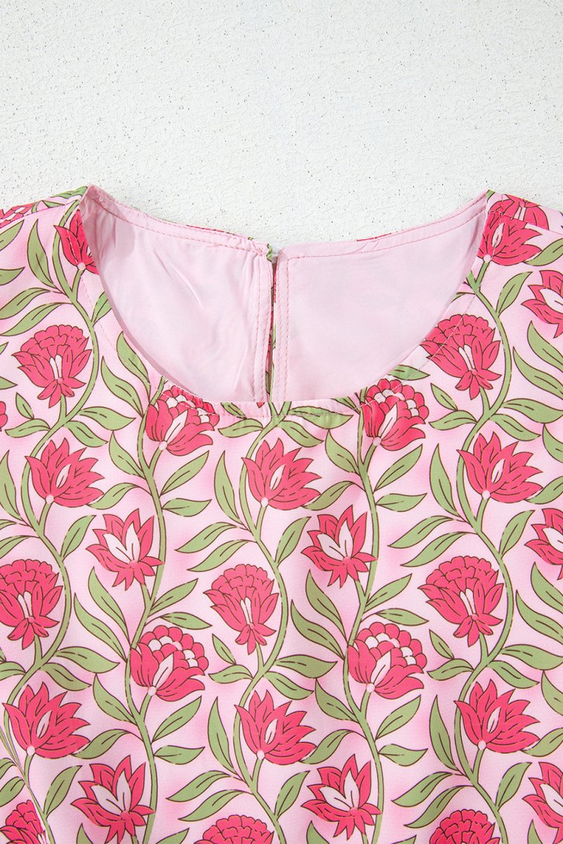 Pink Floral Print Puffy Cropped Tank and Mini Skirt Set - Love Salve 