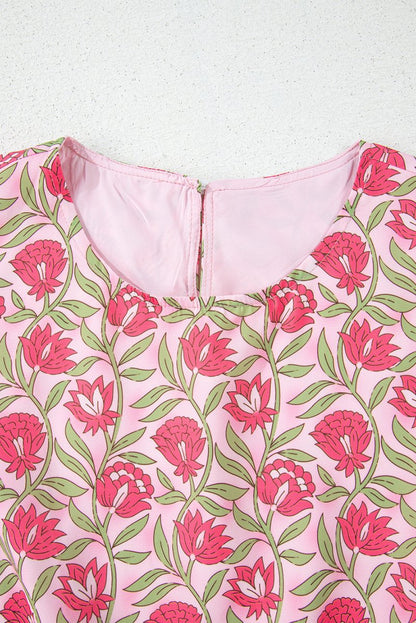 Pink Floral Print Puffy Cropped Tank and Mini Skirt Set - Love Salve 