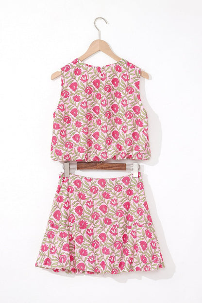 Pink Floral Print Puffy Cropped Tank and Mini Skirt Set - Love Salve 