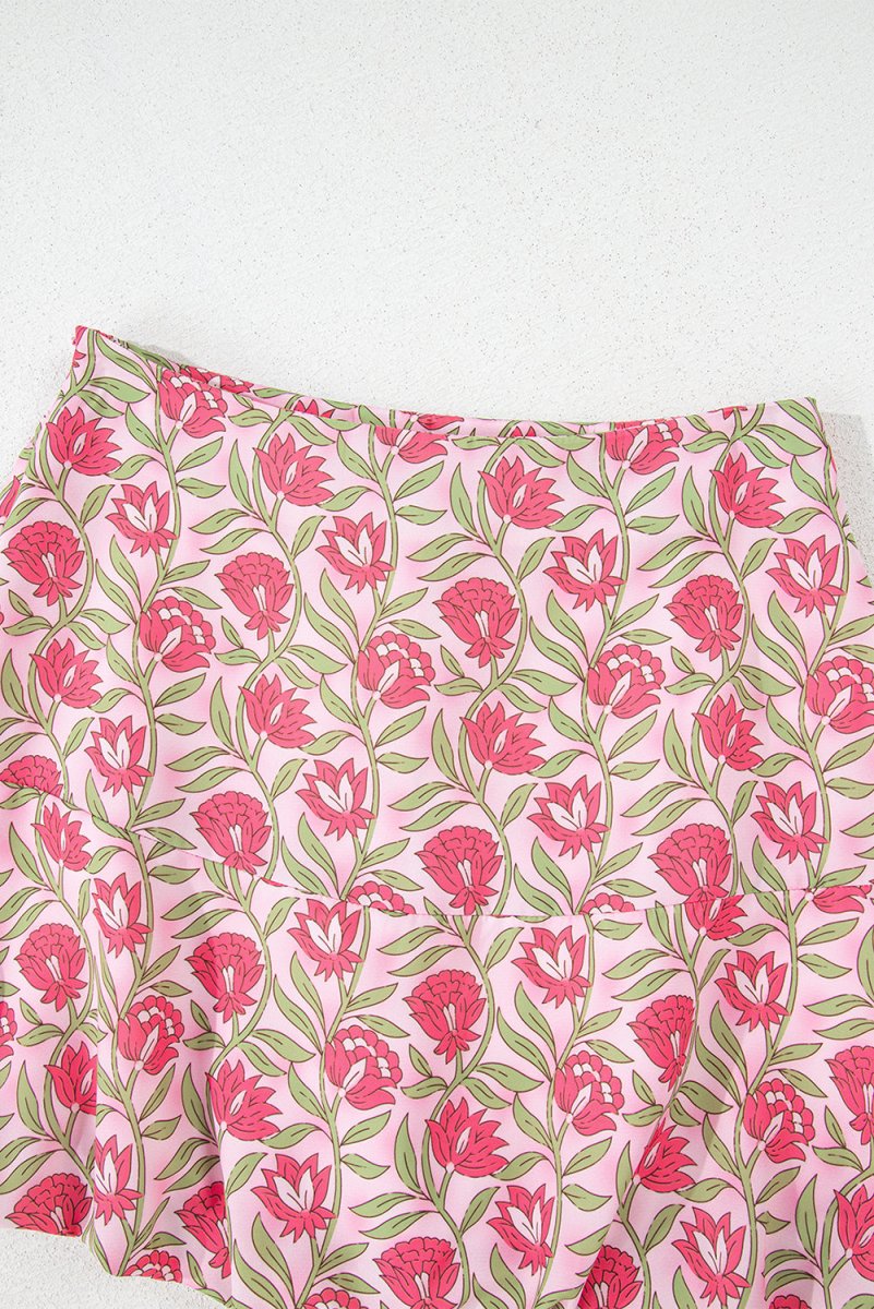 Pink Floral Print Puffy Cropped Tank and Mini Skirt Set - Love Salve 