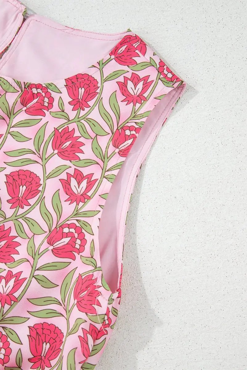 Pink Floral Print Puffy Cropped Tank and Mini Skirt Set - Love Salve 