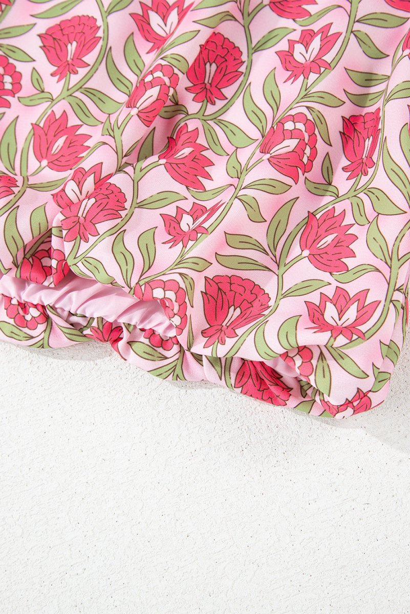 Pink Floral Print Puffy Cropped Tank and Mini Skirt Set - Love Salve 