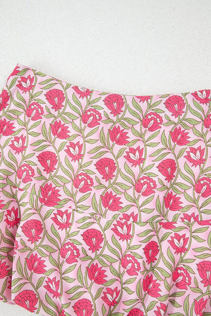 Pink Floral Print Puffy Cropped Tank and Mini Skirt Set - Love Salve 