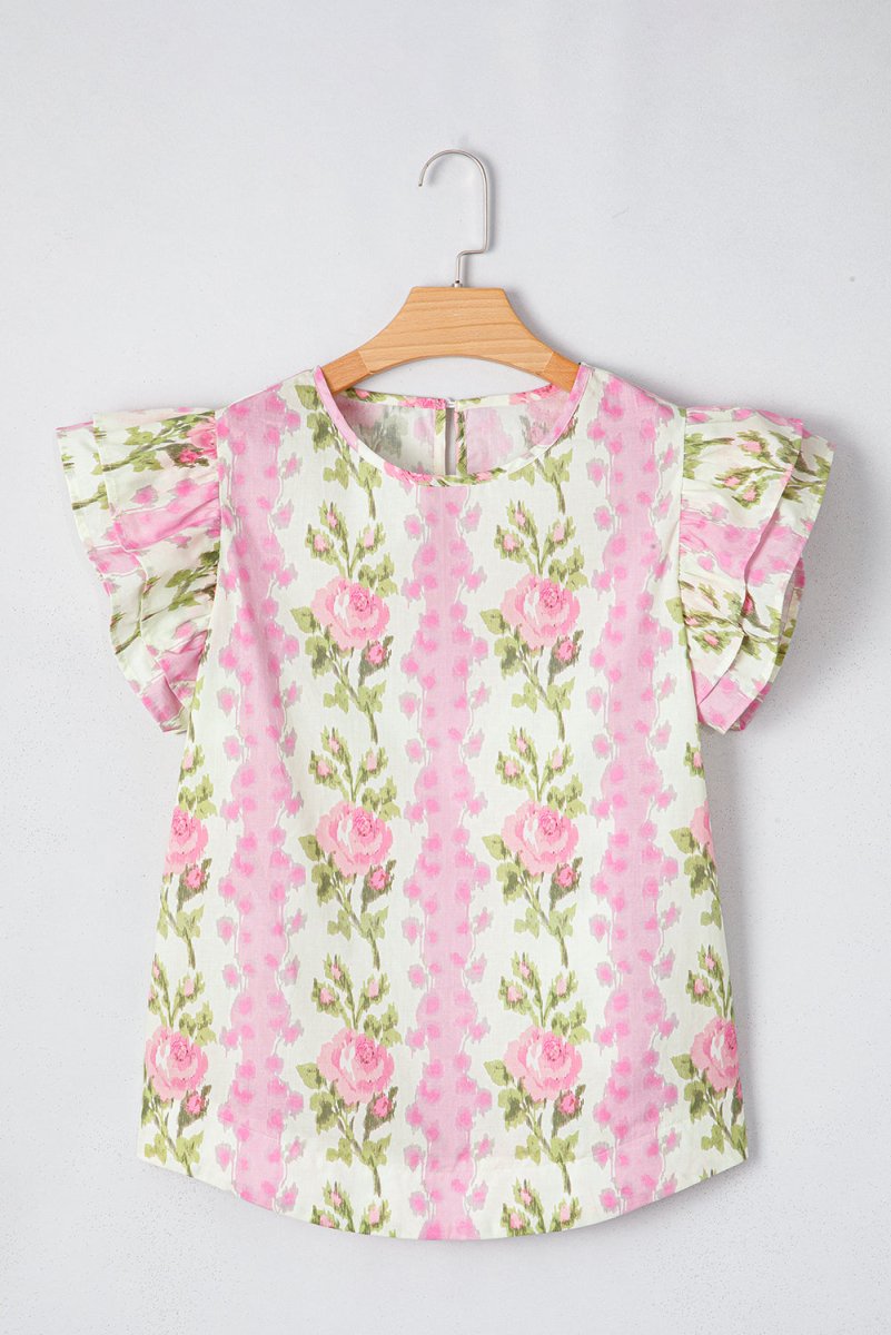 Pink Floral Print Ruffled Sleeve Summer Top for Women - Love Salve 