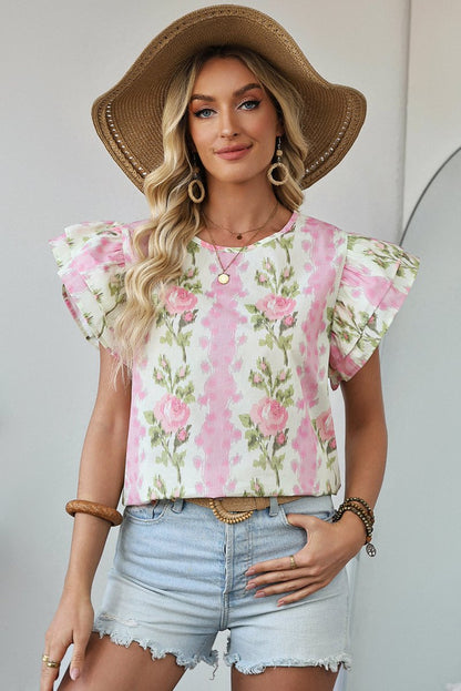 Pink Floral Print Ruffled Sleeve Summer Top for Women - Love Salve 