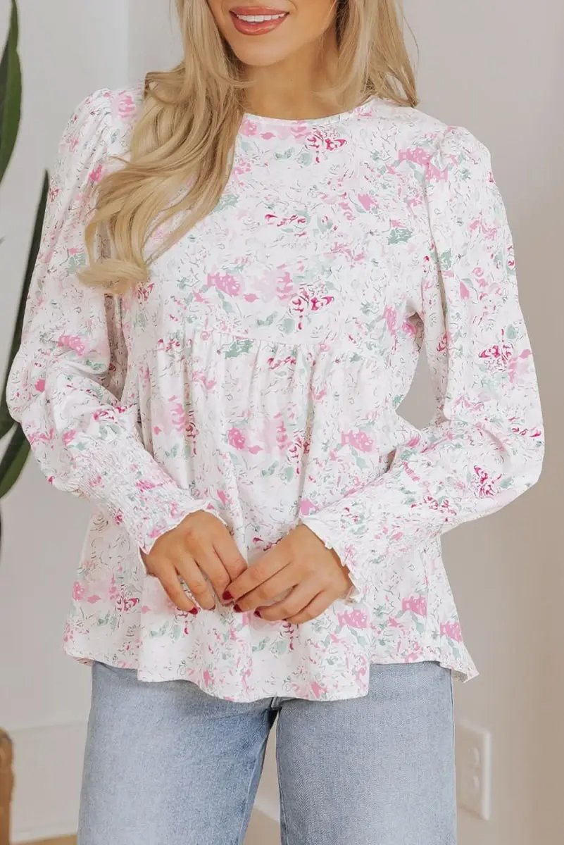 Pink Floral Print Shirred Balloon Sleeve Keyhole Back Babydoll Blouse - Love Salve 
