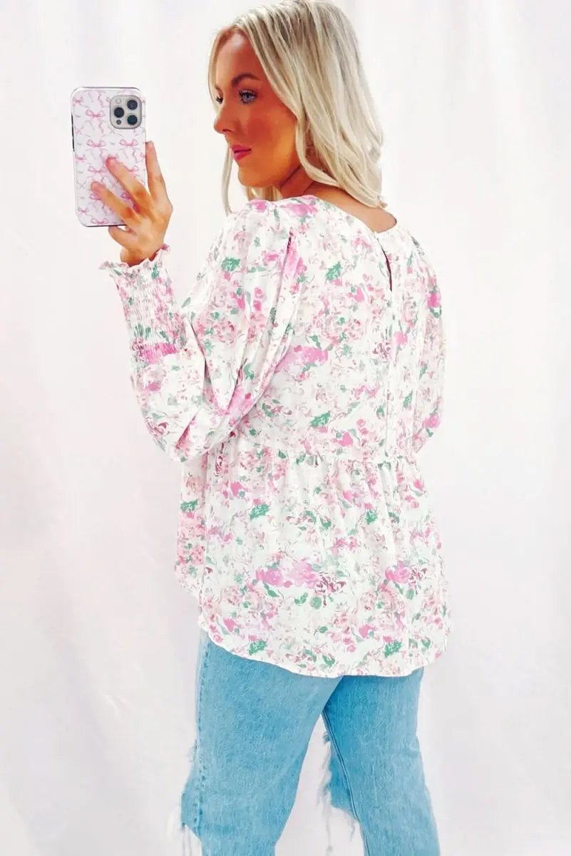 Pink Floral Print Shirred Balloon Sleeve Keyhole Back Babydoll Blouse - Love Salve 