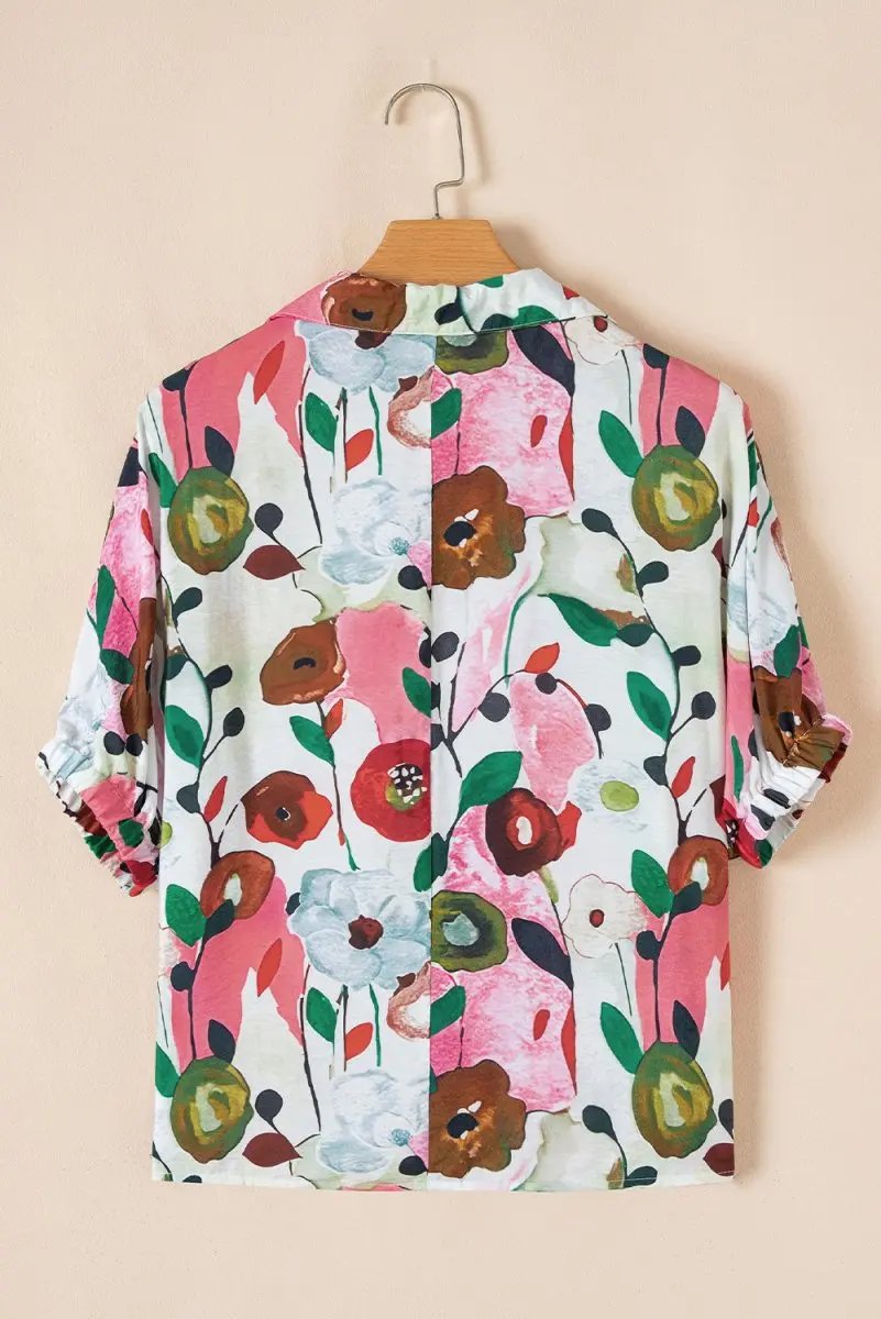 Pink Floral Print Slit V Neck Short Sleeve Blouse for Women - Love Salve 