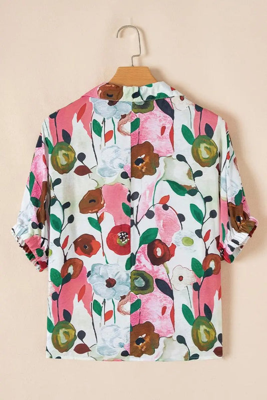 Pink Floral Print Slit V Neck Short Sleeve Blouse for Women - Love Salve 