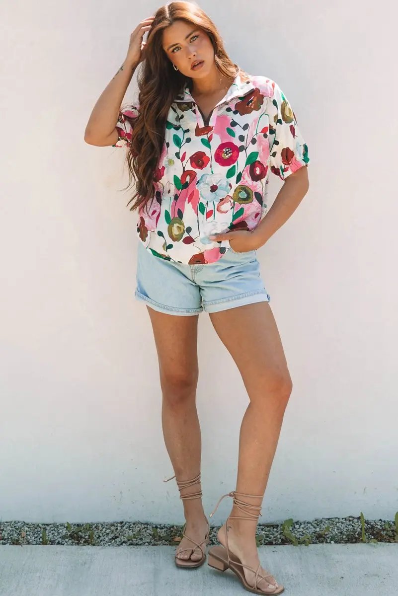 Pink Floral Print Slit V Neck Short Sleeve Blouse for Women - Love Salve 