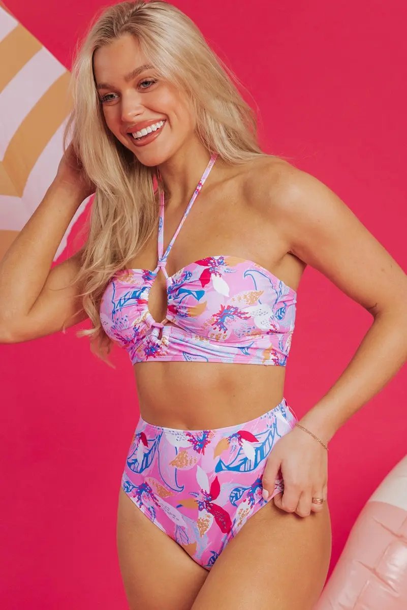 Pink Floral Printed Halter Neck High Waist Bikini Set - Love Salve 
