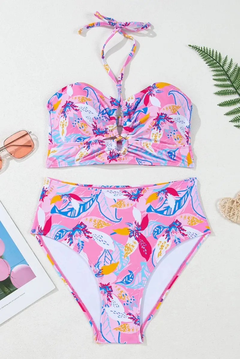 Pink Floral Printed Halter Neck High Waist Bikini Set - Love Salve 