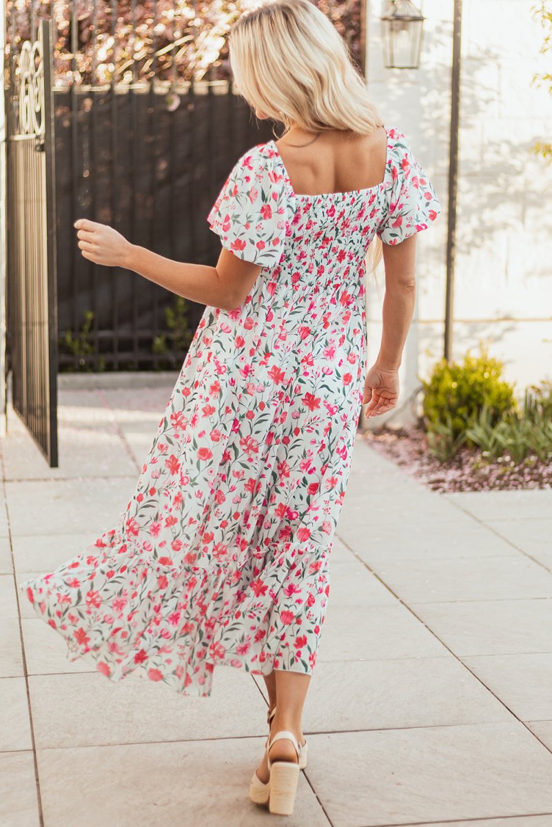 Pink Floral Puff Sleeve Square Neck Empire Waist Maxi Dress - Love Salve 