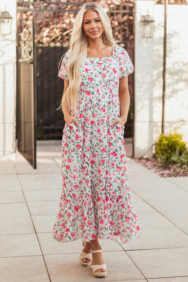 Pink Floral Puff Sleeve Square Neck Empire Waist Maxi Dress - Love Salve 