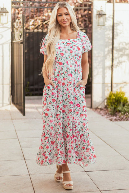 Pink Floral Puff Sleeve Square Neck Empire Waist Maxi Dress - Love Salve 