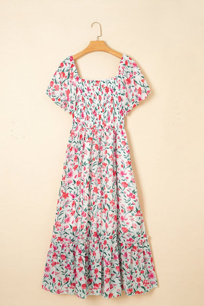 Pink Floral Puff Sleeve Square Neck Empire Waist Maxi Dress - Love Salve 