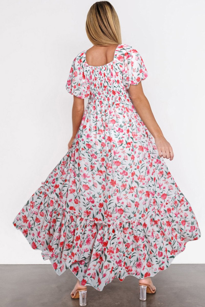 Pink Floral Puff Sleeve Square Neck Empire Waist Maxi Dress - Love Salve 
