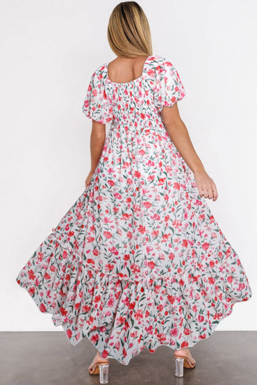 Pink Floral Puff Sleeve Square Neck Empire Waist Maxi Dress - Love Salve 