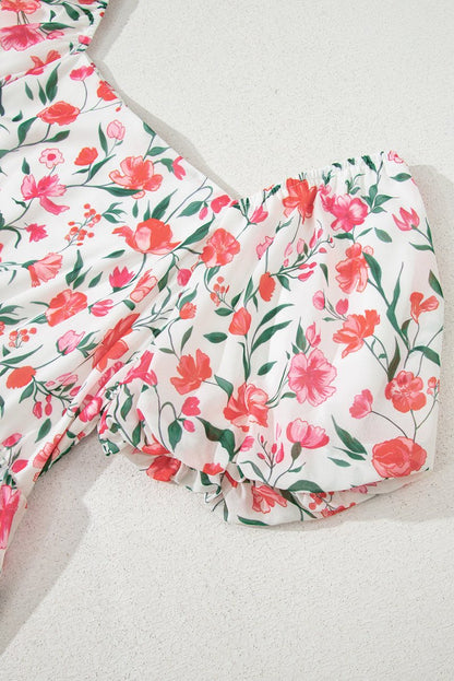 Pink Floral Puff Sleeve Square Neck Empire Waist Maxi Dress - Love Salve 