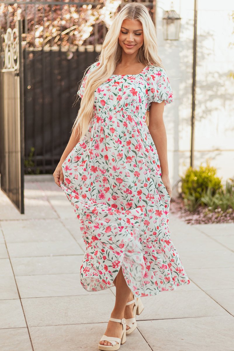 Pink Floral Puff Sleeve Square Neck Empire Waist Maxi Dress - Love Salve 