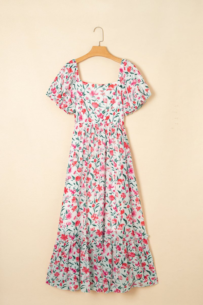 Pink Floral Puff Sleeve Square Neck Empire Waist Maxi Dress - Love Salve 
