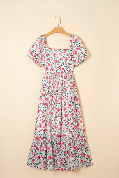 Pink Floral Puff Sleeve Square Neck Empire Waist Maxi Dress - Love Salve 