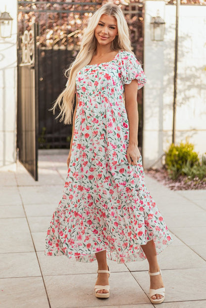 Pink Floral Puff Sleeve Square Neck Empire Waist Maxi Dress - Love Salve 