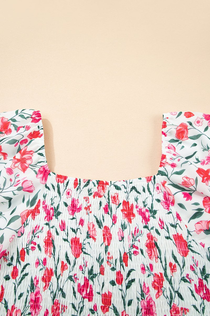 Pink Floral Puff Sleeve Square Neck Empire Waist Maxi Dress - Love Salve 