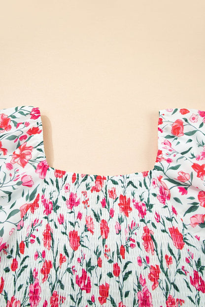 Pink Floral Puff Sleeve Square Neck Empire Waist Maxi Dress - Love Salve 