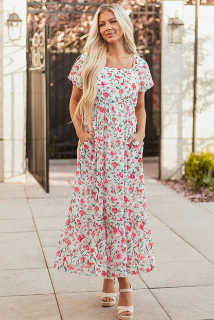 Pink Floral Puff Sleeve Square Neck Empire Waist Maxi Dress - Love Salve 