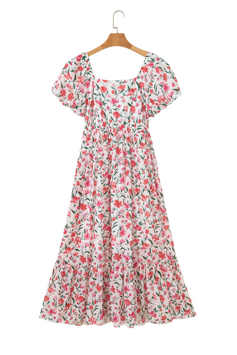 Pink Floral Puff Sleeve Square Neck Empire Waist Maxi Dress - Love Salve 