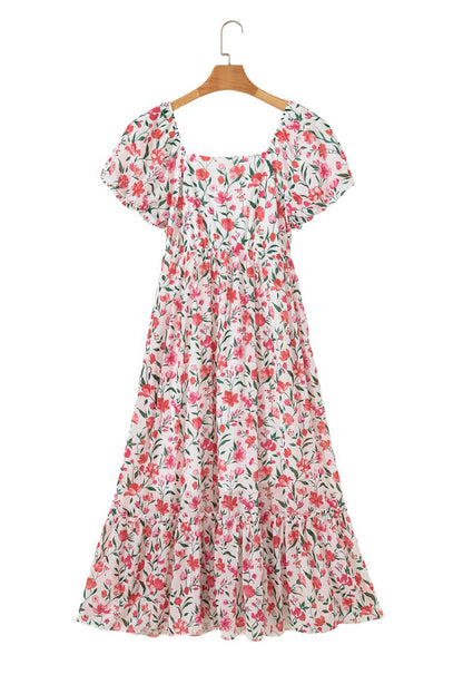 Pink Floral Puff Sleeve Square Neck Empire Waist Maxi Dress - Love Salve 