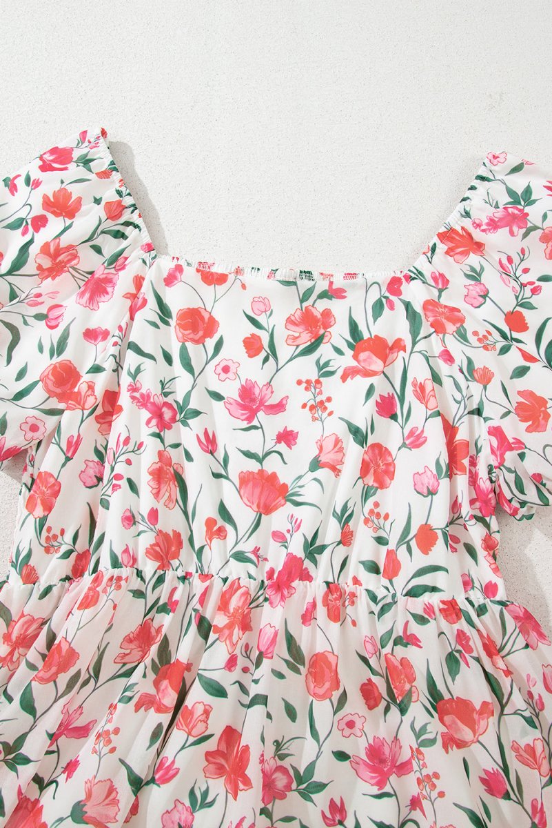 Pink Floral Puff Sleeve Square Neck Empire Waist Maxi Dress - Love Salve 