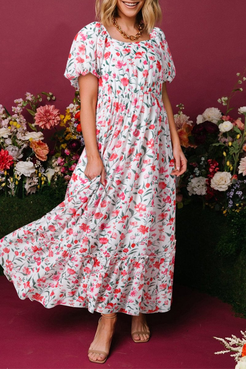 Pink Floral Puff Sleeve Square Neck Empire Waist Maxi Dress - Love Salve 