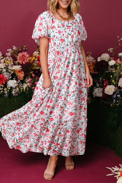 Pink Floral Puff Sleeve Square Neck Empire Waist Maxi Dress - Love Salve 